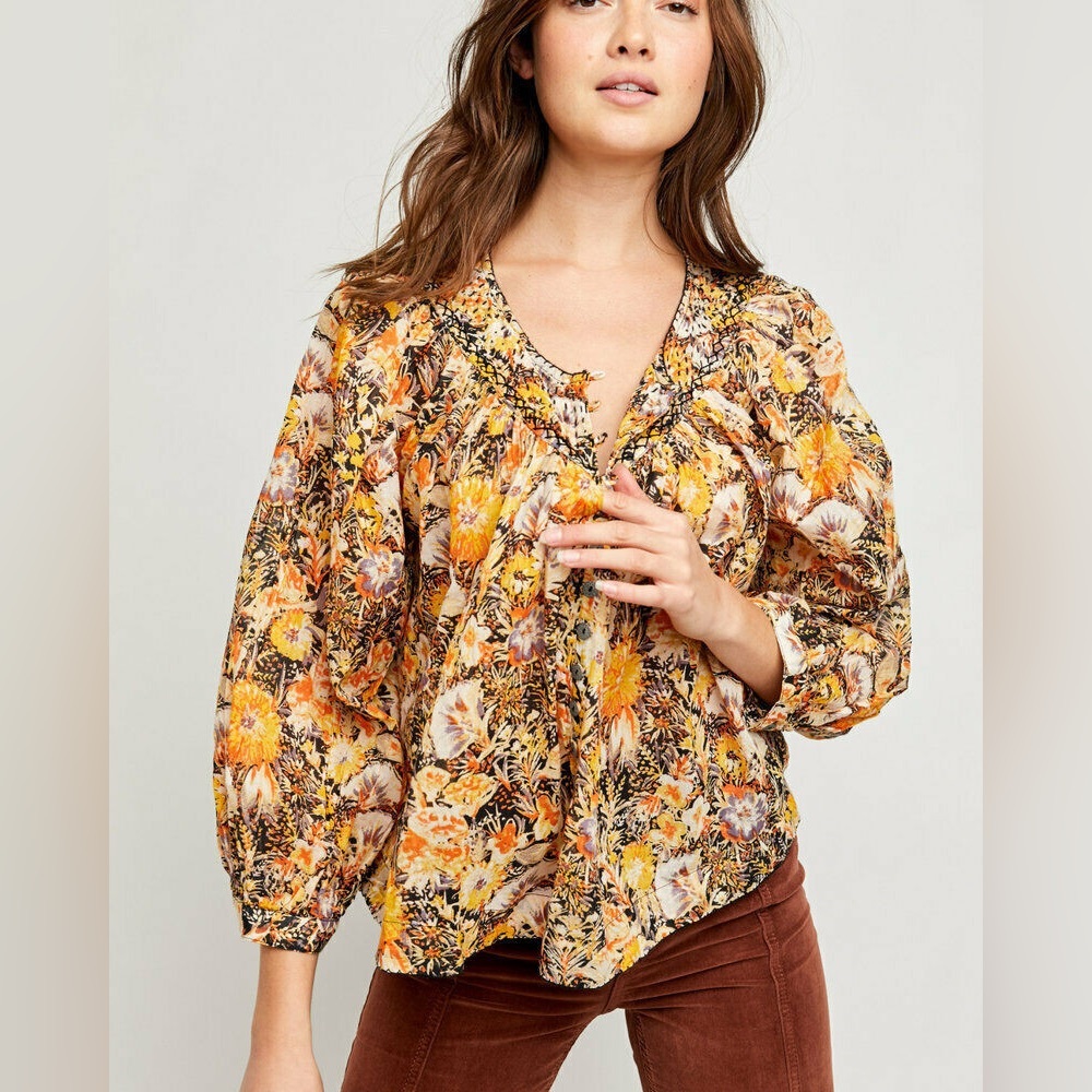 Free People Floral Peasant Blouse in Yellow, Brown and Cream
